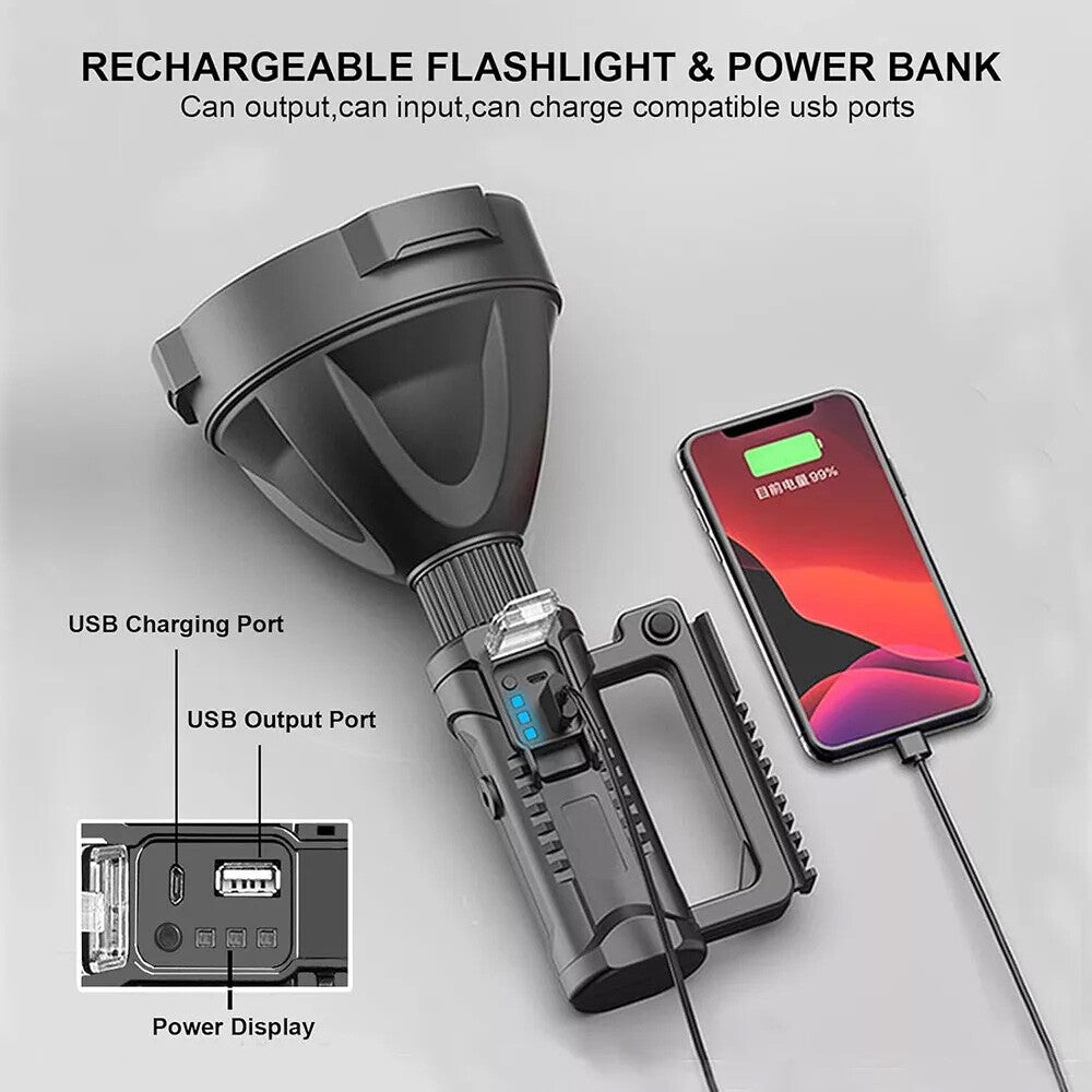 Super Bright LED Searchlight Rechargeable Spotlight with Tripod Waterproof 2,000,000 Lumens