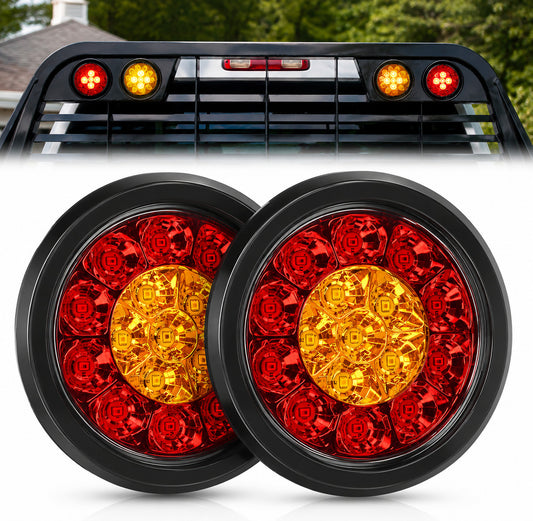 2PCS 4-Inch Round Red Amber LED Trailer Tail Lights for Vehicles