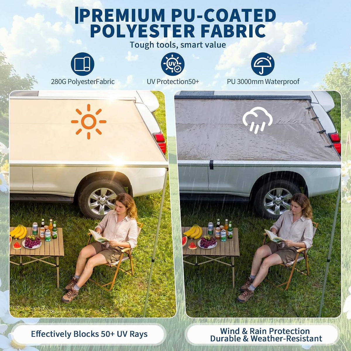 Car Side Awning Tent Roof Rack Pull-Out for Camping & Overlanding 4.9x6.6 ft