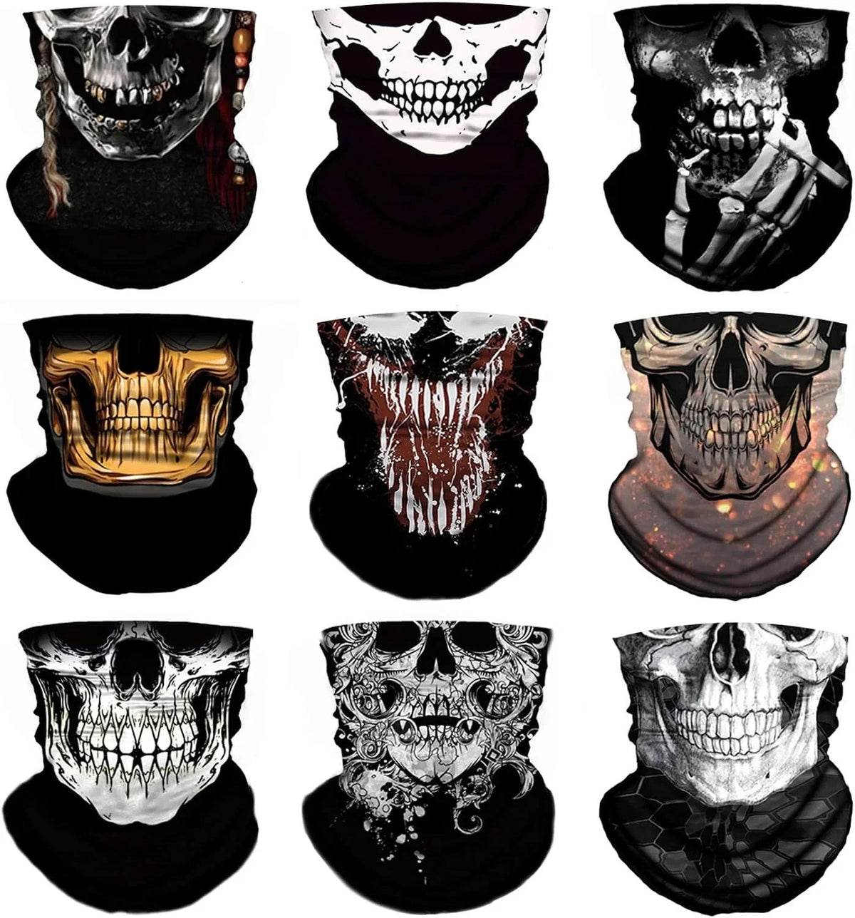 9 Pack Skull Motorcycle Face Masks Neck Gaiter for Men Women UV Protection