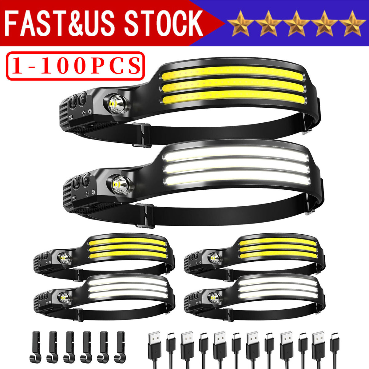 Rechargeable LED Headlamp with Wide Beam & Waterproof Mode - 6000K