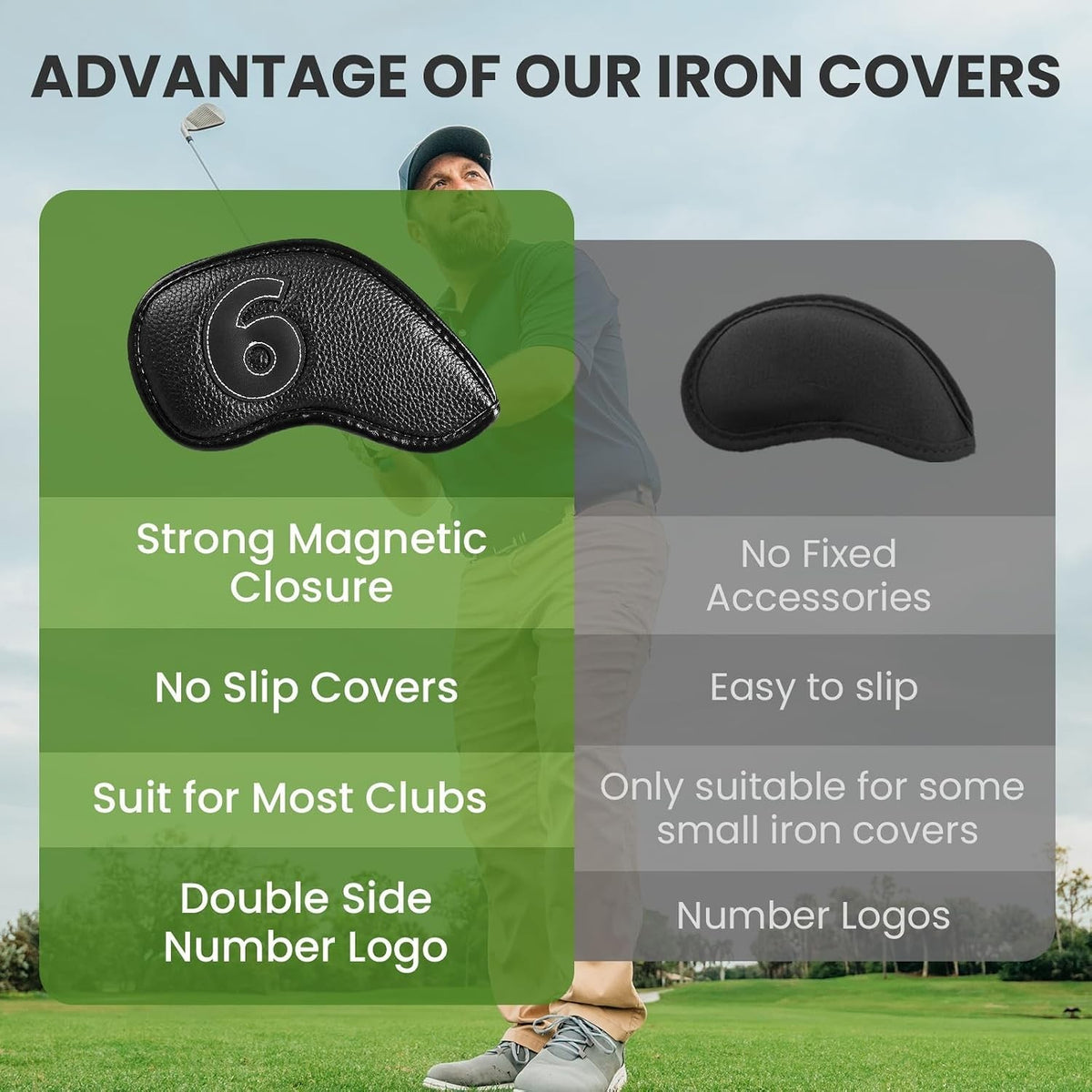 Magnetic Leather Golf Iron Head Covers Set - Durable Club Protection