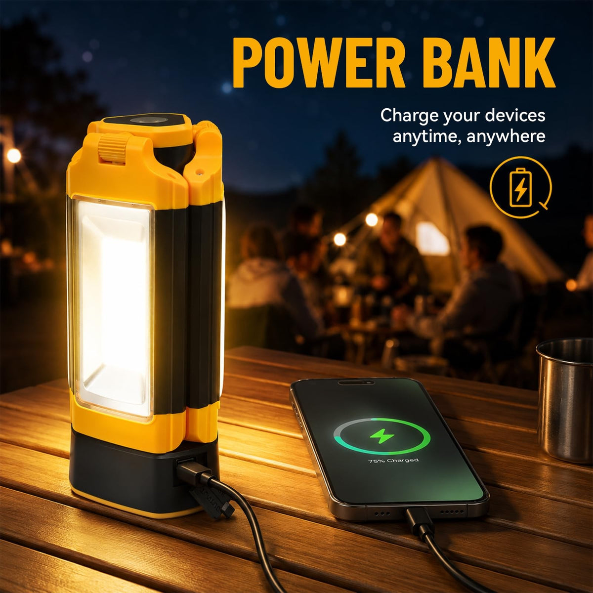 Rechargeable Camping Light with Stand 12000mAh Power Bank 73.2 Inch Yellow