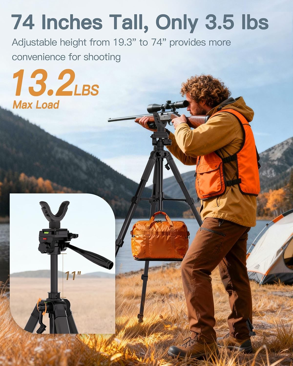 74-Inch Aluminum Rifle Tripod Stand with V Yoke Gun Rest for Shooting & Field Use