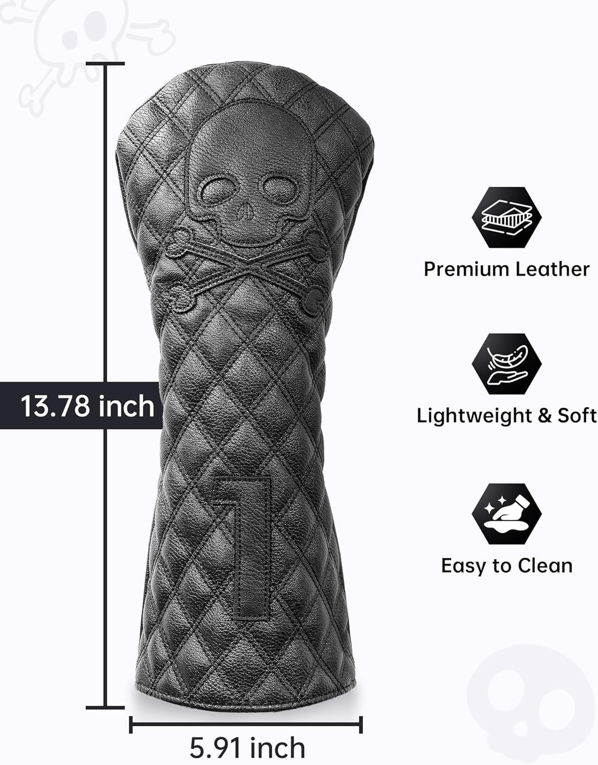 Golf Club Headcover Set with Skull Design - Fits Driver, Fairway, Hybrid, Waterproof Leather