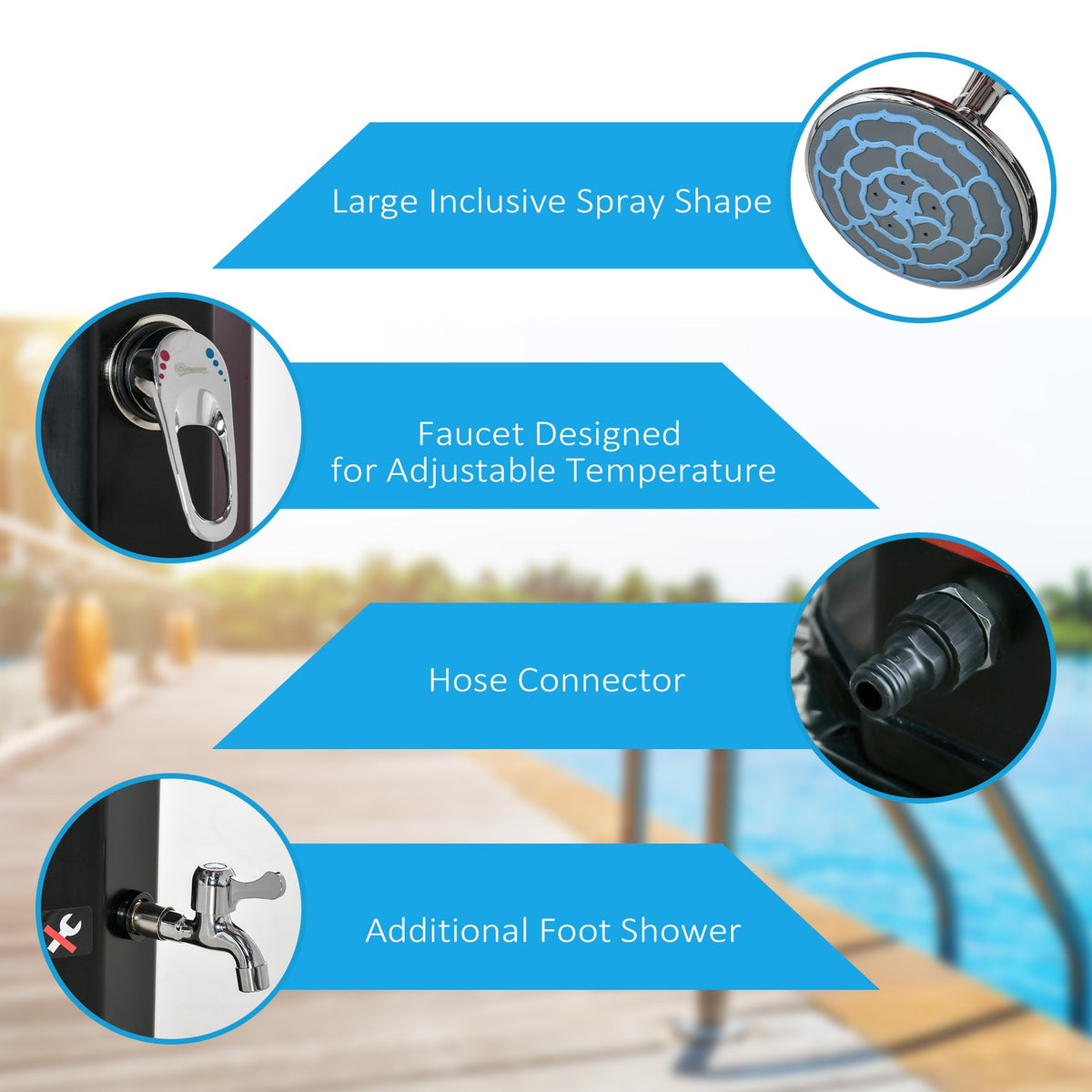 7ft Outdoor Solar Shower with Adjustable Hot Cold Water for Poolside & Garden