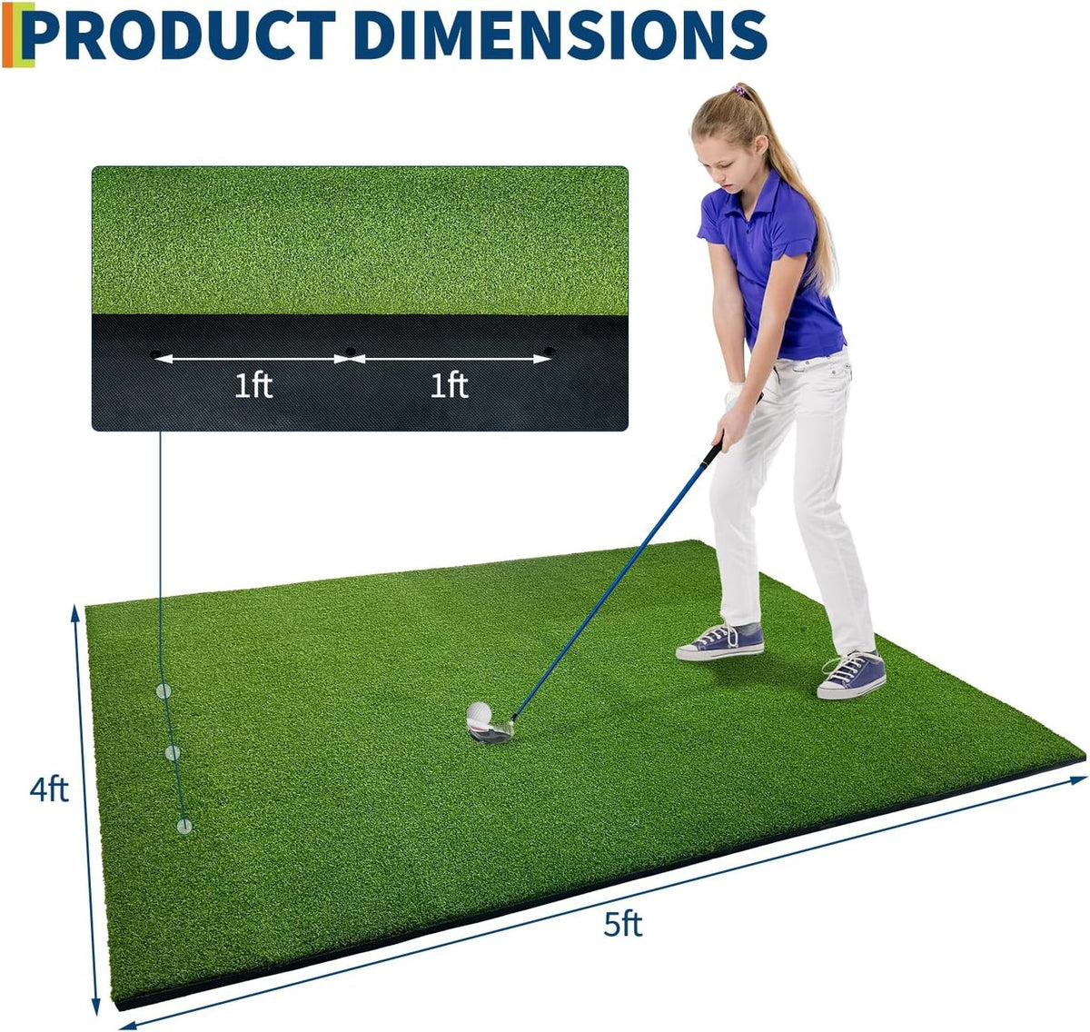 Golf Hitting Mat 5x4 ft Premium Turf for Realistic Practice with 6 Tee Slots
