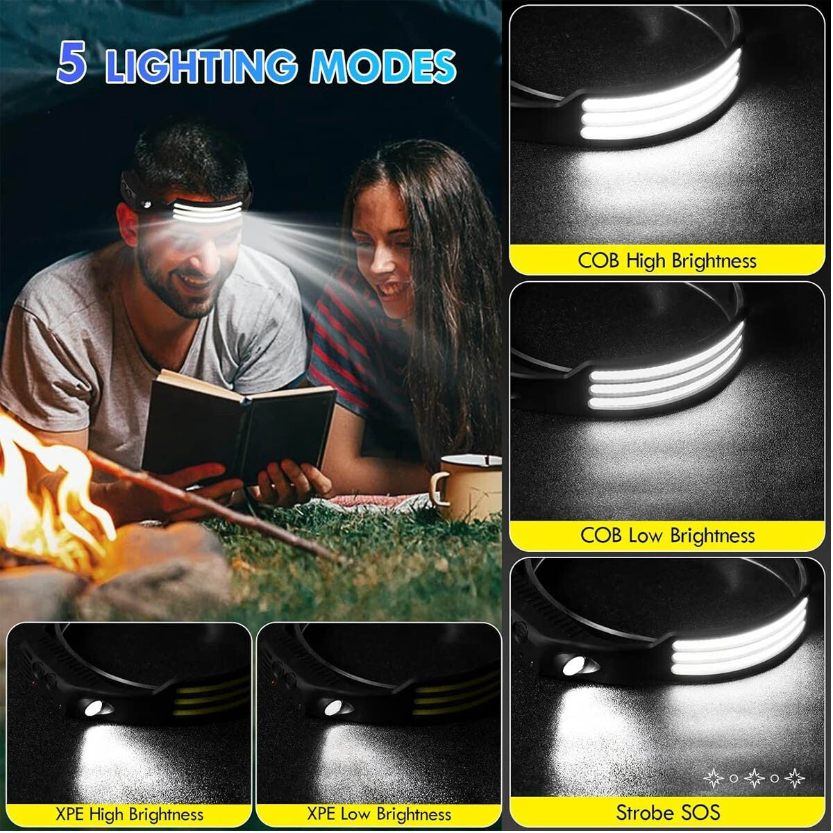Waterproof COB Headlamp with Sensor & USB Rechargeable Battery - 230° Light, 5 Modes, Outdoor & Indoor Use