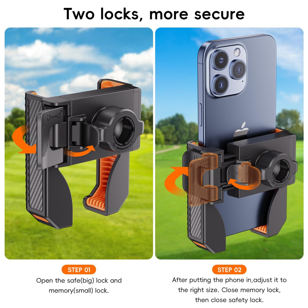Magnetic Golf Cart Phone Holder - Universal Fit for 4.5-7 Inch Smartphones, Orange & Black