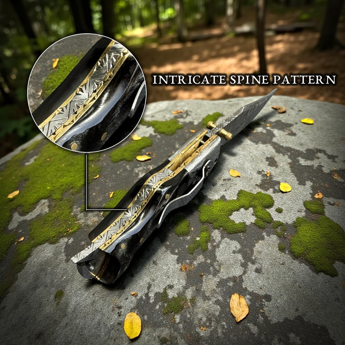 Personalized Damascus Steel Folding Knife with Ram Horn Handle and Belt Clip