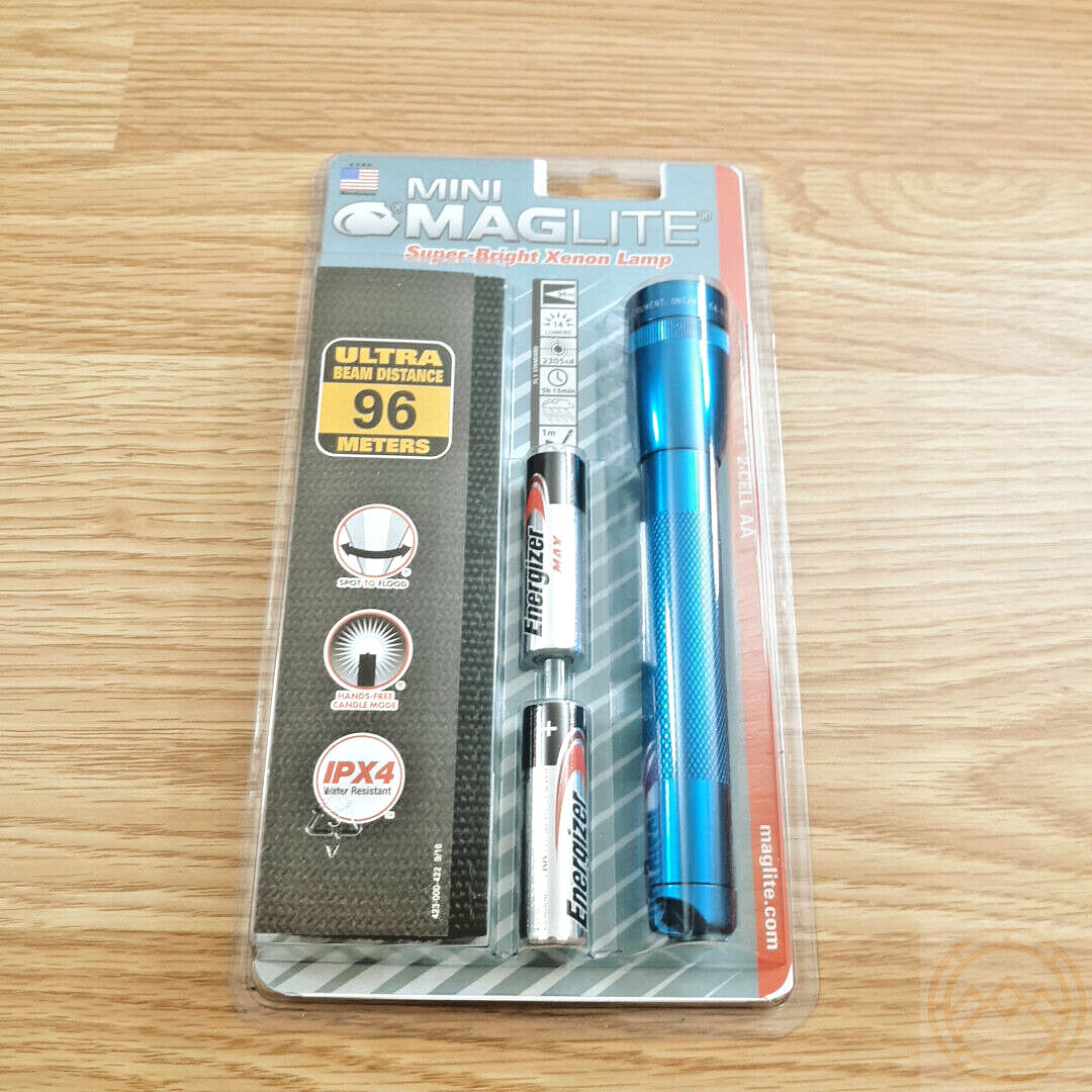 Mini Maglite Blue Flashlight with 2 AA Batteries, Spot-to-Flood Beam, Durable Aluminum