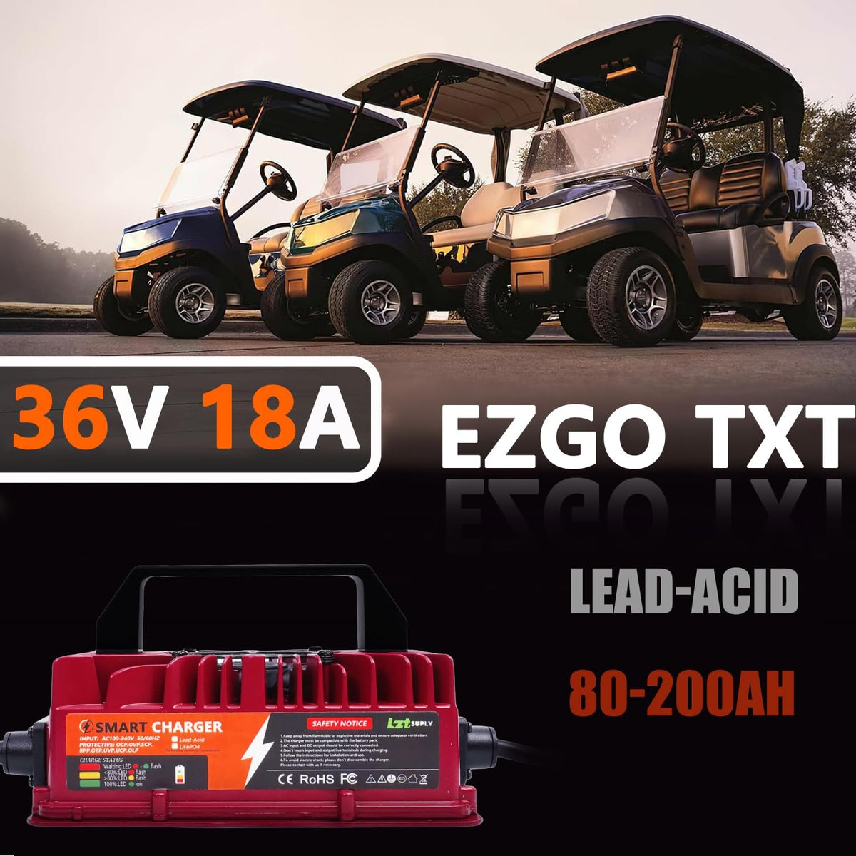 36V 18A Golf Cart Battery Charger IP67 Waterproof for EZGO TXT