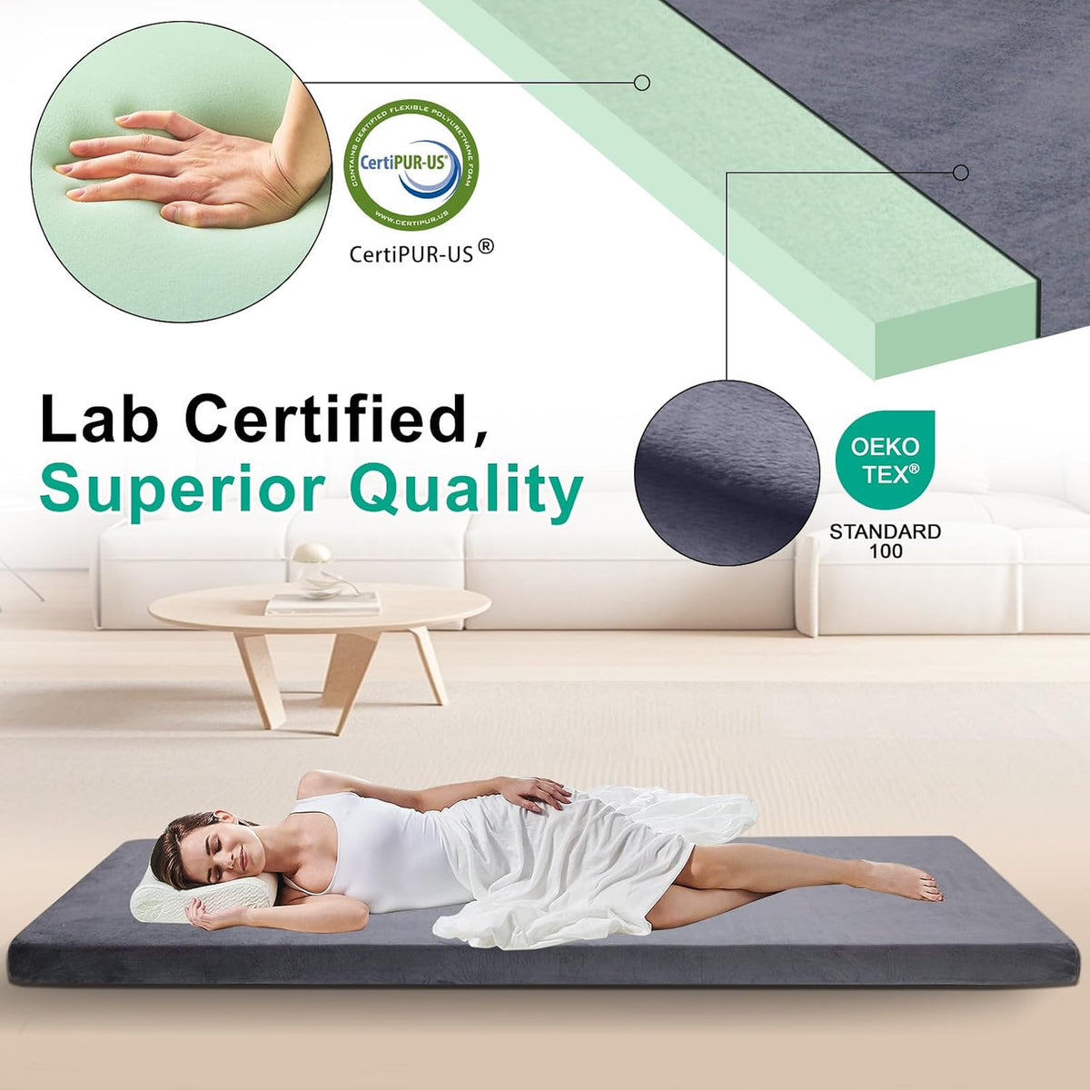 Memory Foam Camping Mattress Pad - 3 Inch Portable Sleeping Pad for Hiking & Travel