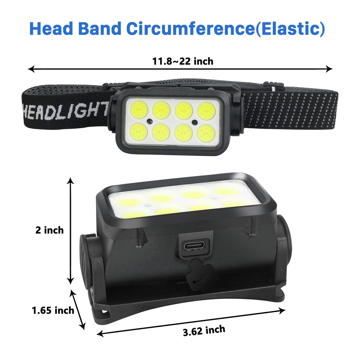 USB Rechargeable LED Headlamp with COB Light for Camping, Work, Outdoor Activities