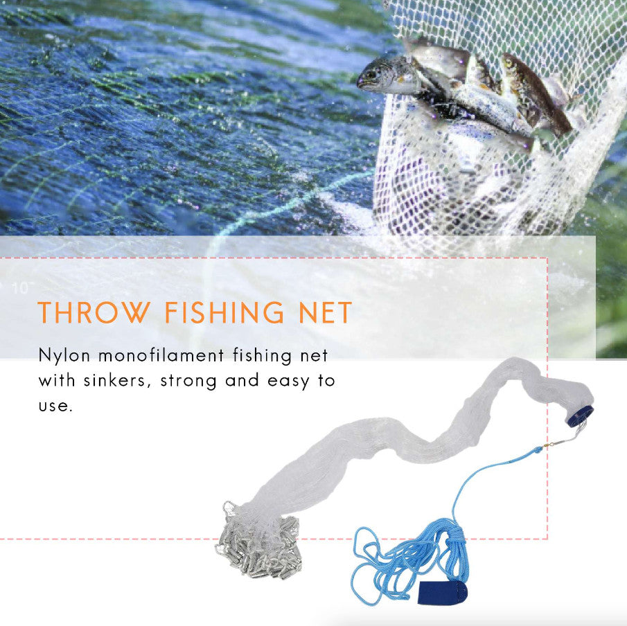 Heavy-Duty Nylon Cast Fishing Net with Lead Sinkers - Easy Throw Hand Net