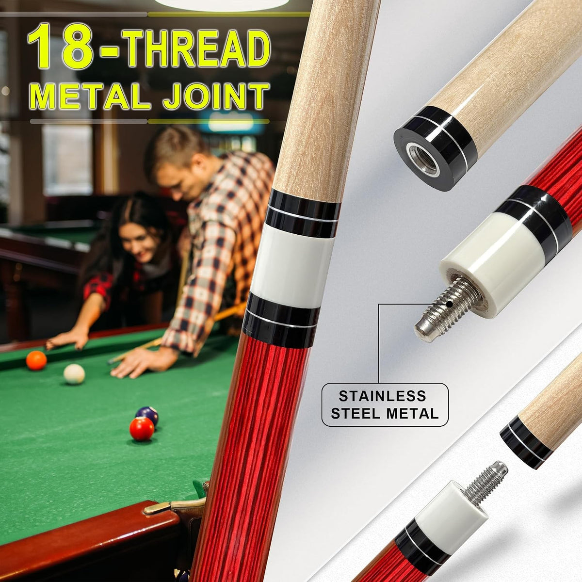 58in Pool Cue Stick Canadian Maple 13mm Tip 20oz with 2-Piece Design