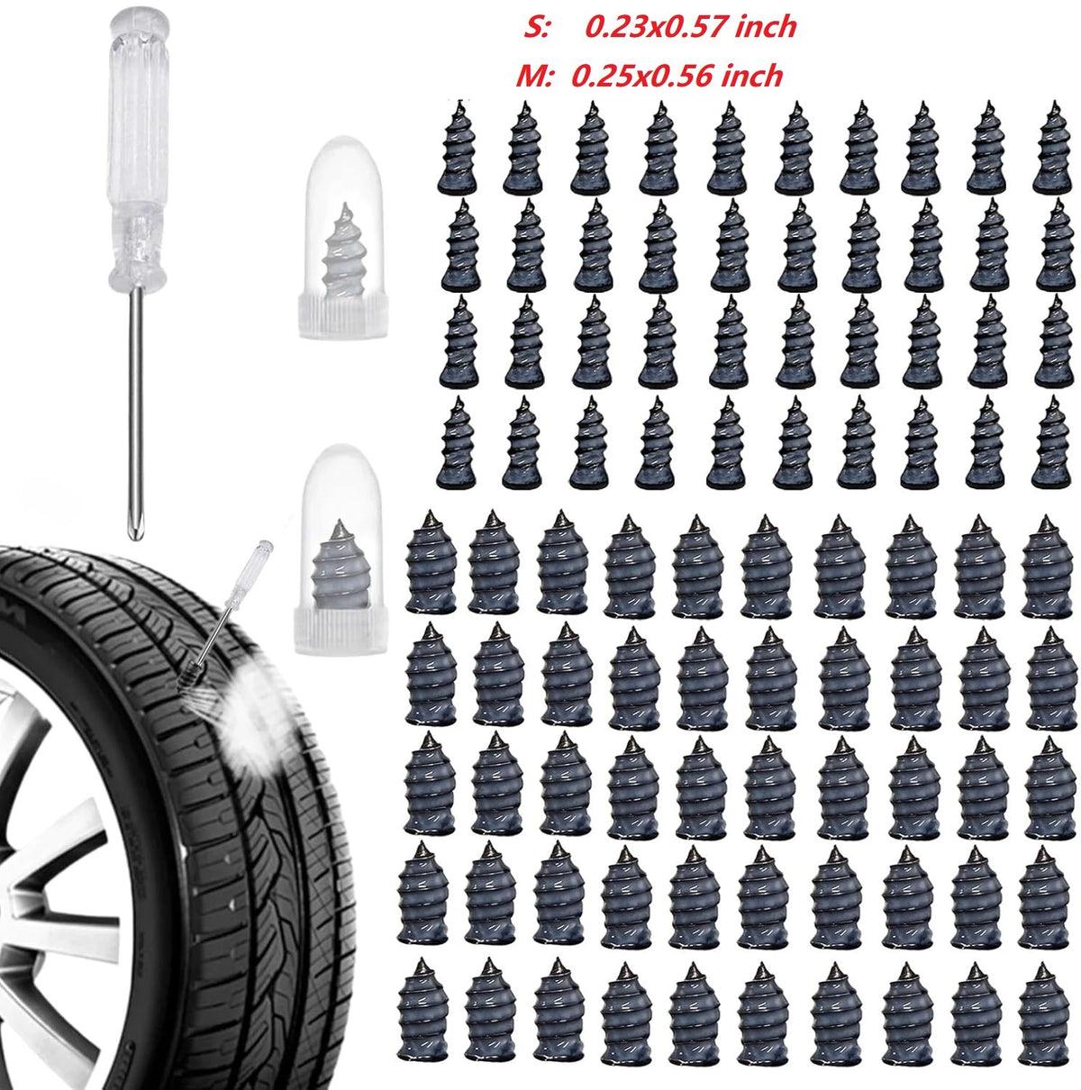 Tire Repair Kit with Rubber Nails and Screwdriver - 100Pcs Universal Puncture Fix