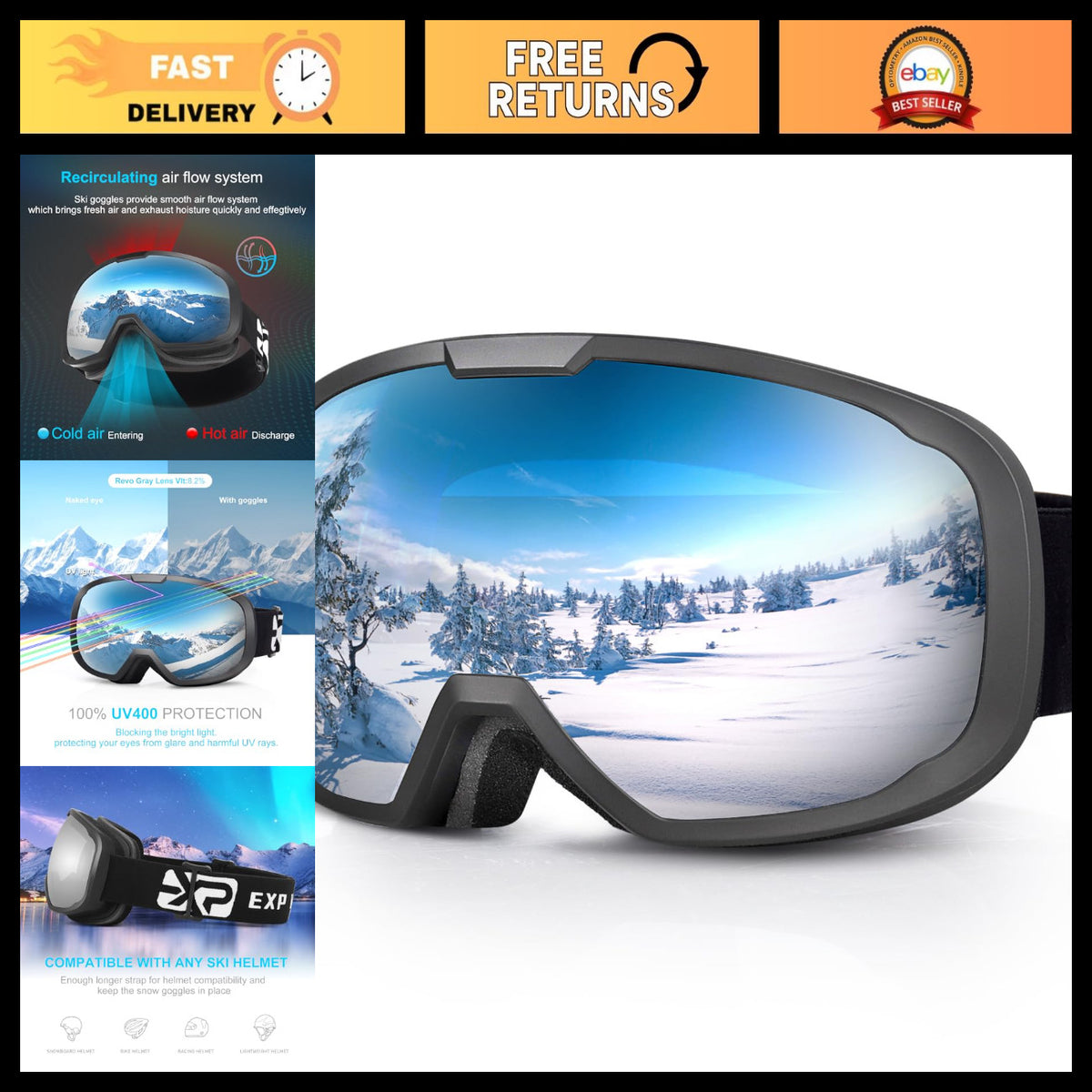 OTG Ski Goggles for Men & Women - Anti-Fog UV Protection Snowboard Goggles