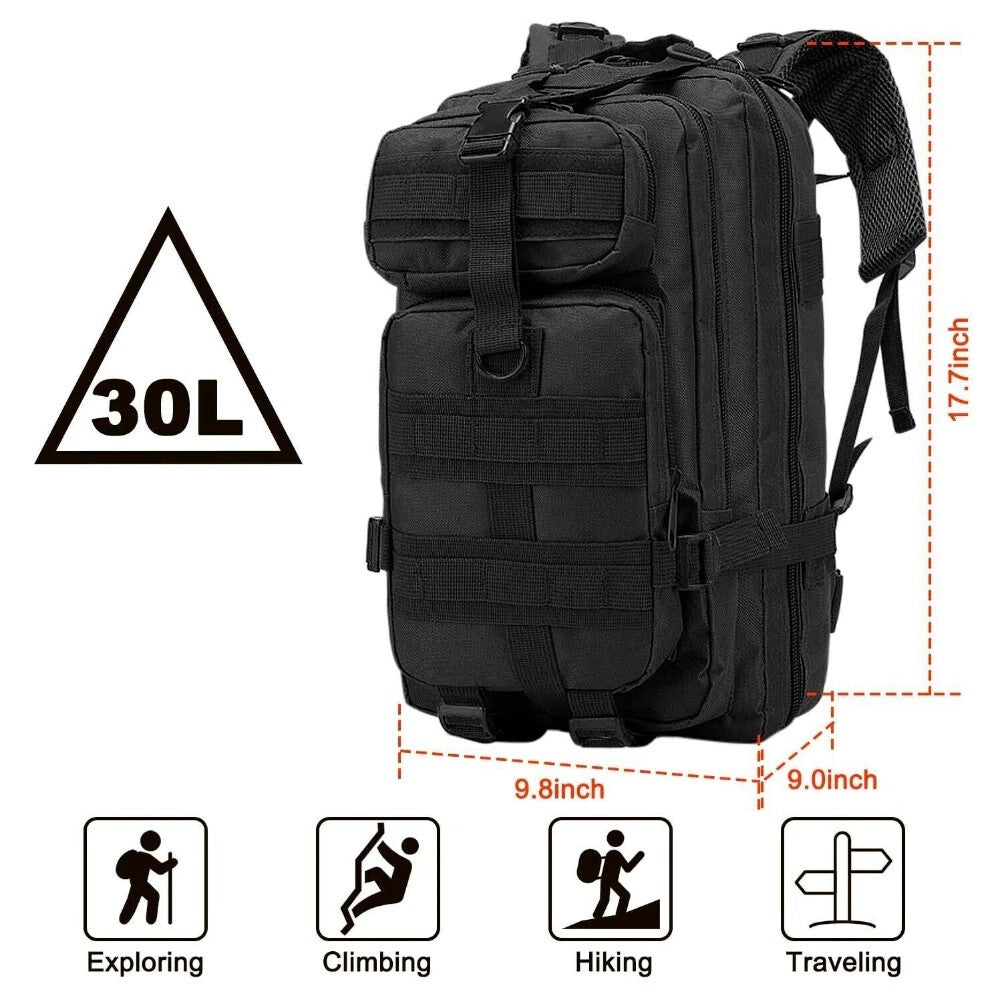 30L Outdoor Tactical Military Backpack for Hiking Camping Travel Black