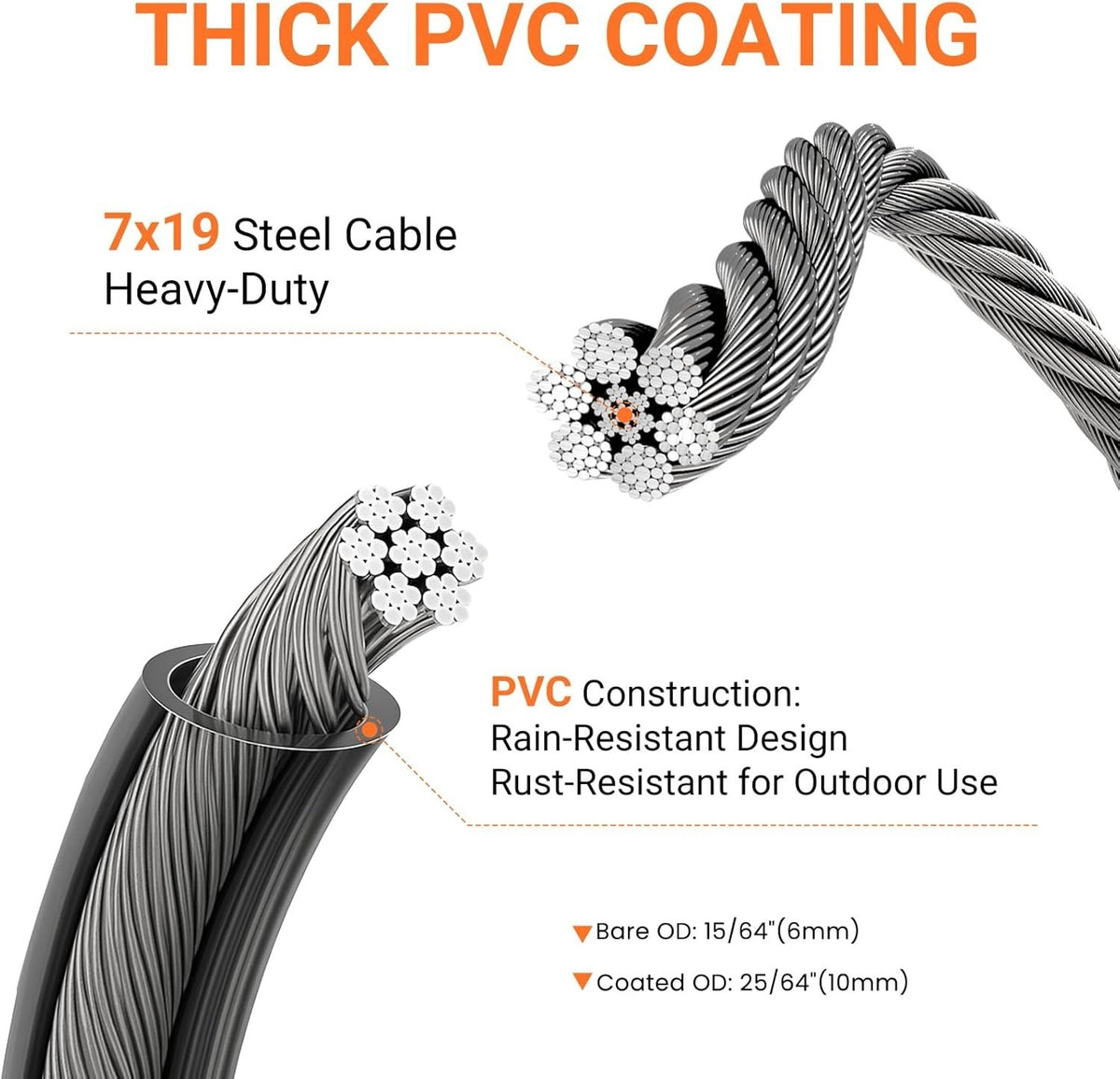 Heavy Duty 10MM Vinyl Coated Steel Security Cable with Loops - 7FT