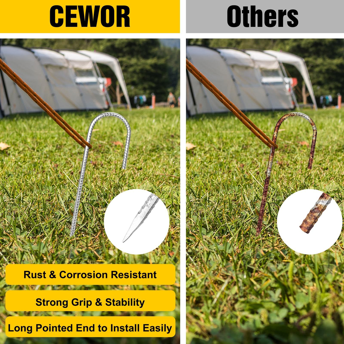 12 Inch Rebar Stakes Set - Rust-Proof Metal Tent & Landscape Ground Stakes