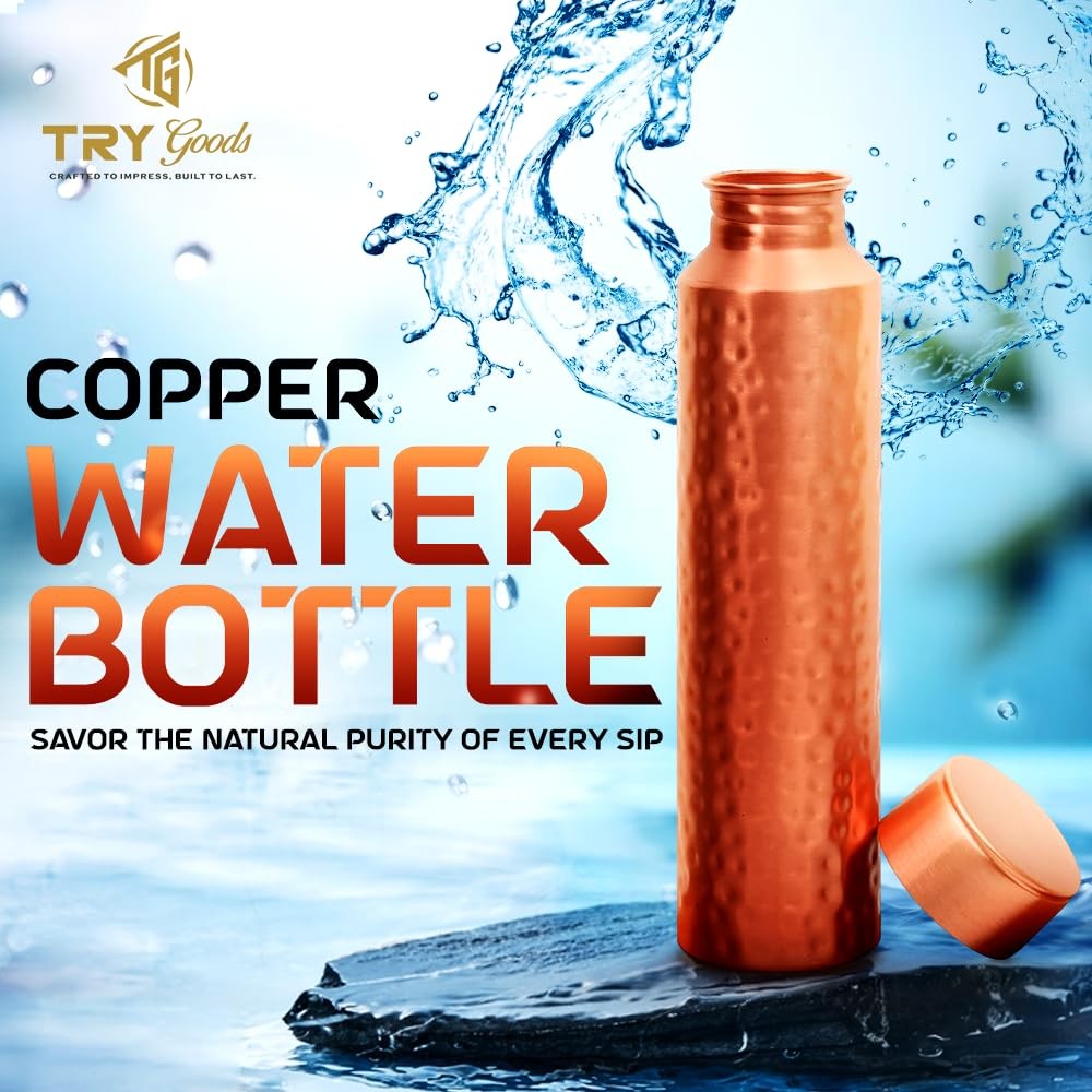 Pure Copper Water Bottle 37.2 OZ Handmade Hammered Finish Leak-Proof Travel Flask