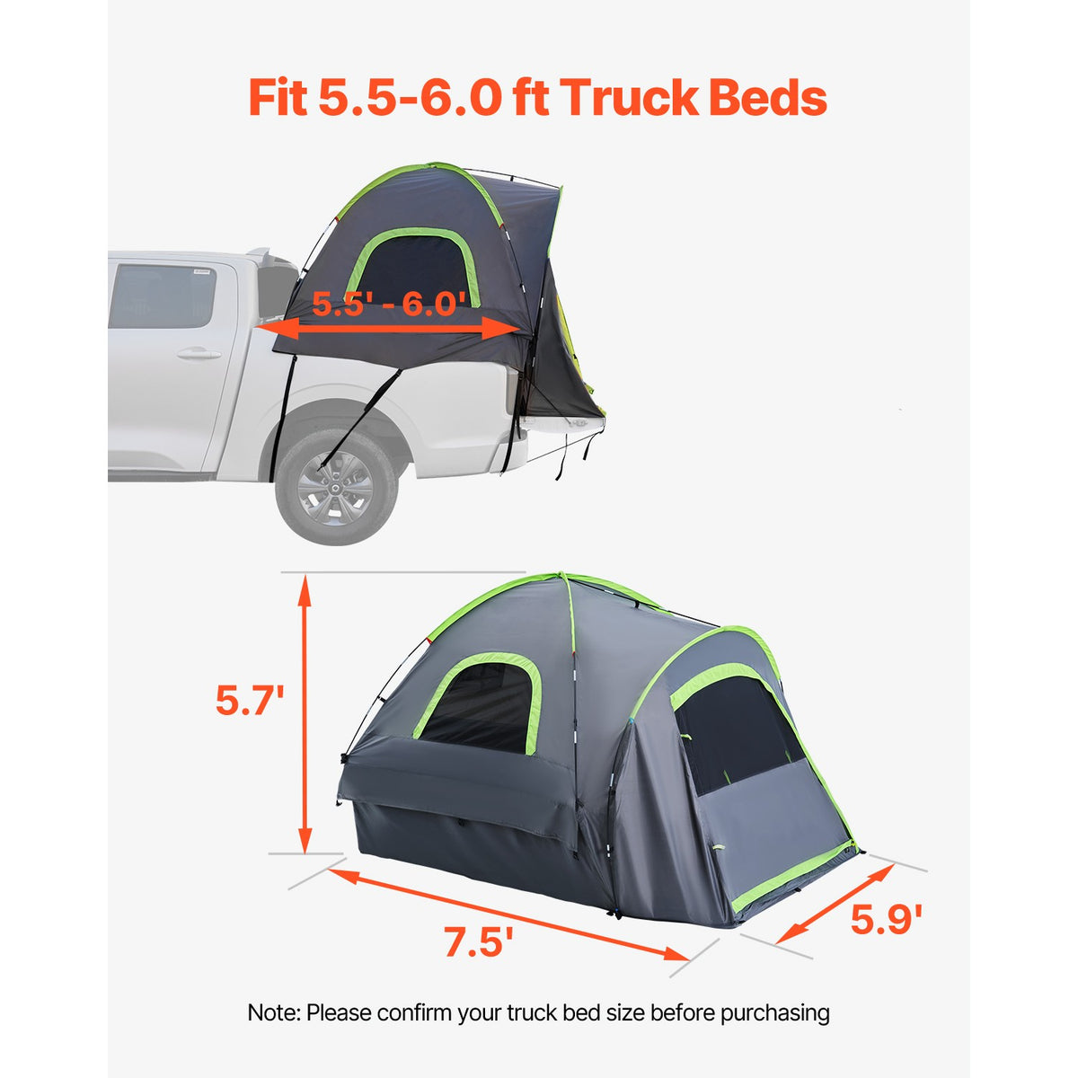 Waterproof Truck Bed Camping Tent for 2-3 People 5.5-6.0 ft Bed