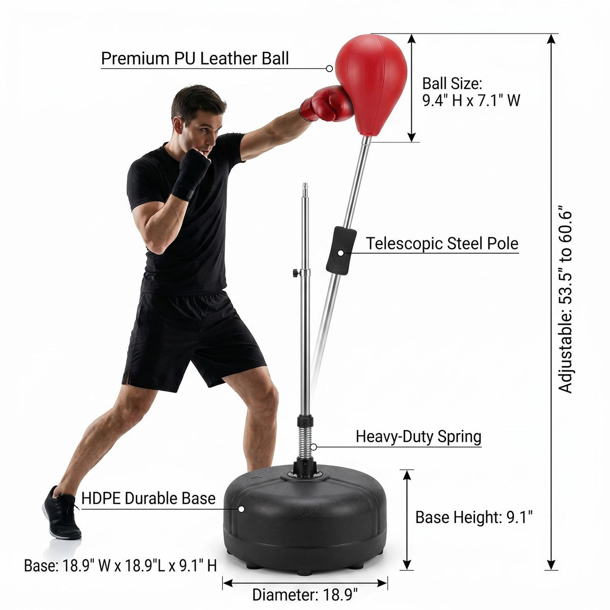 Adjustable Steel Spring Boxing Ball Stand with HDPE Base for Punching Reflex Training