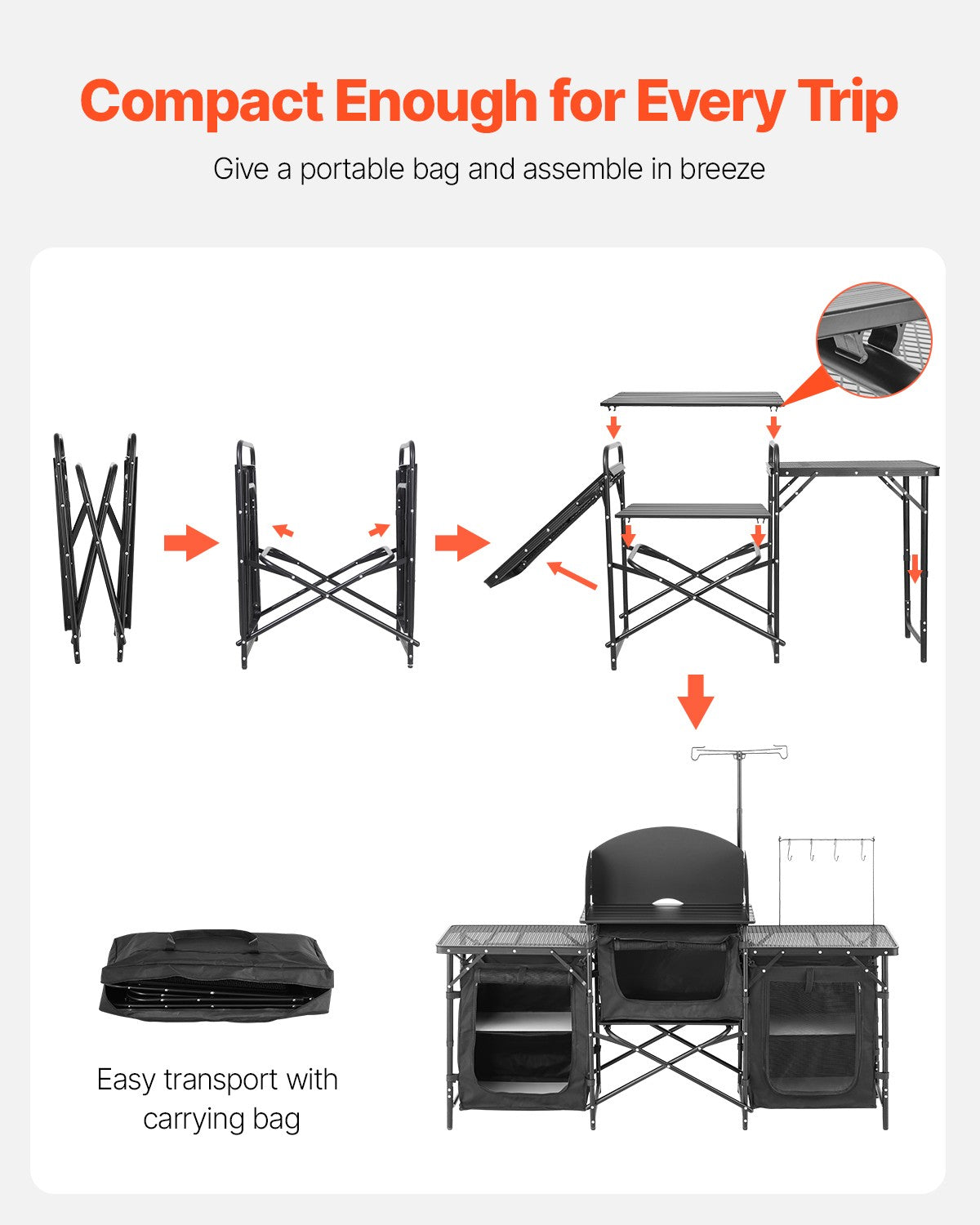 Portable Camping Kitchen Table with Windshield and Storage Compartments