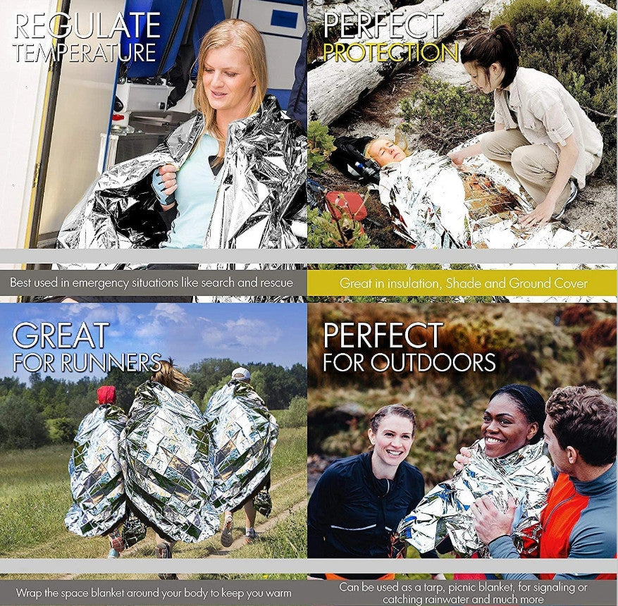 4 Pack Emergency Thermal Space Blankets - Reflective Mylar Survival Gear