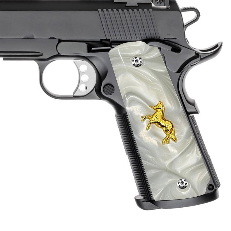 1911 Full Size Gun Grips White Pearl with Gold Horse & Screws - Fits Colt Springfield