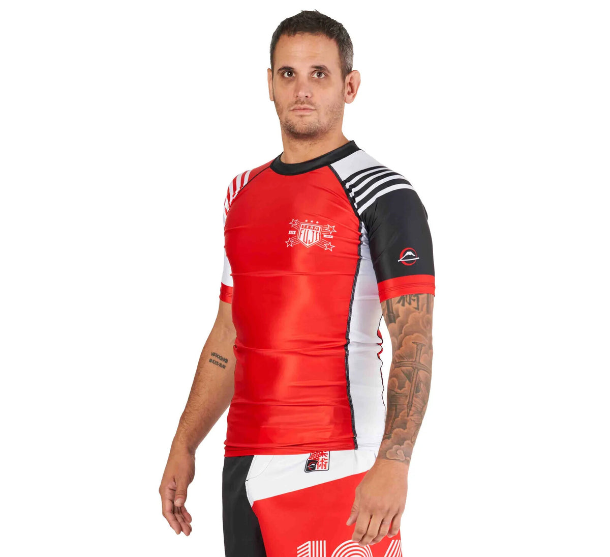 MMA Rashguard Short Sleeve Compression Top for Jiu Jitsu & BJJ - Black/Red