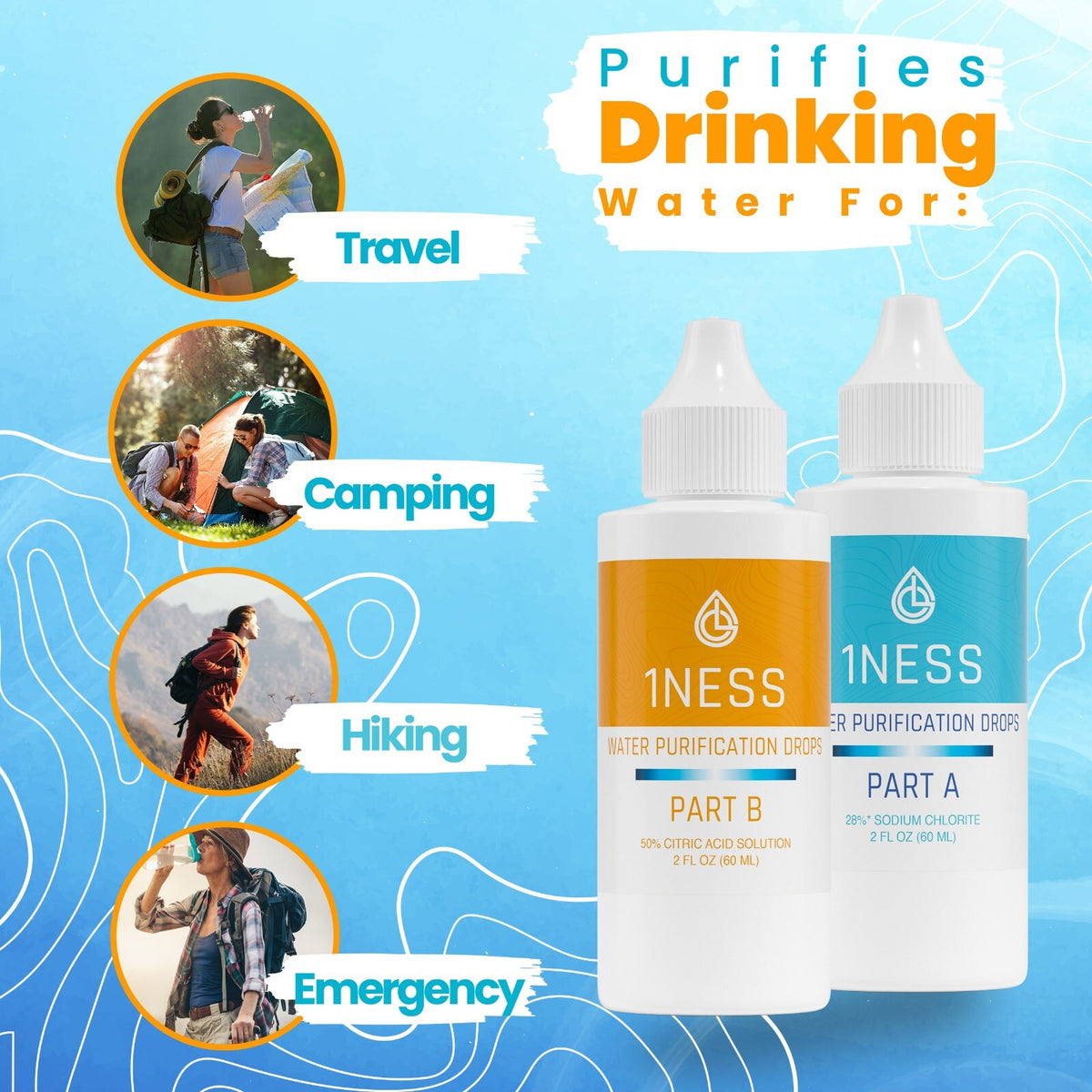 Water Purification Drops Kit for Emergency & Outdoor Use - BPA-Free 2oz
