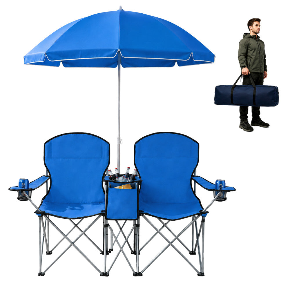 Portable 2-Person Folding Picnic Chair with Umbrella Cooler and Cup Holders