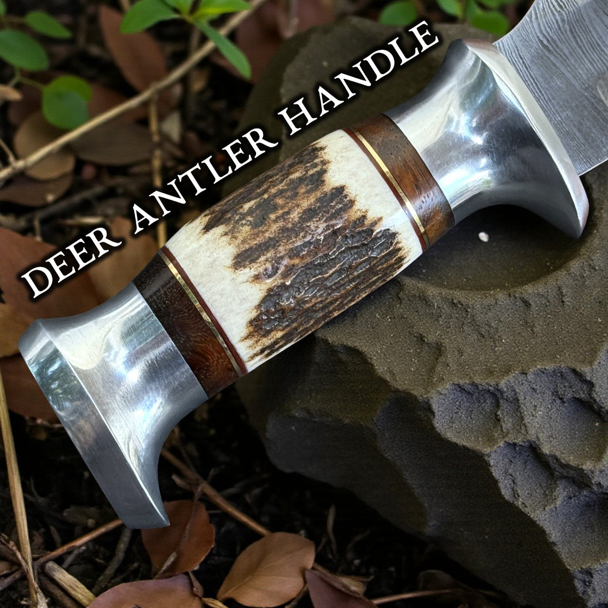 Personalized Damascus Steel Hunting Skinning Knife with Deer Antler Handle