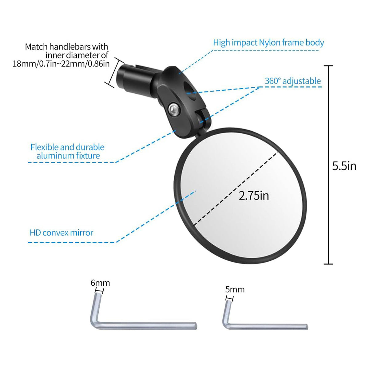 Bike Mirrors 2 Pack - Adjustable Convex Handlebar Rearview Mirrors for Cycling