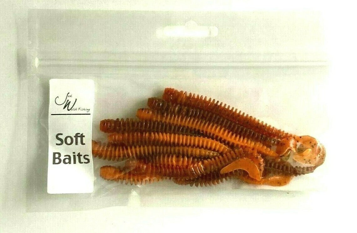 2 Pack Ribbed Curly Tail Worm Bait Set for Fishing - Brown & Orange Pepper Flake Colors
