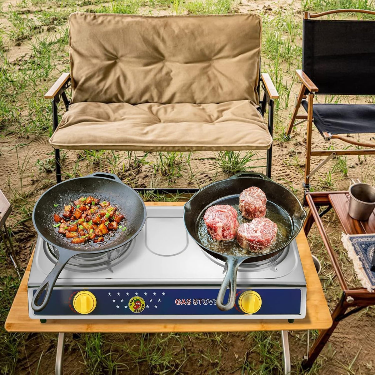 Portable Gas Camping Stove with 2 Burners, Auto Ignition, Stainless Steel