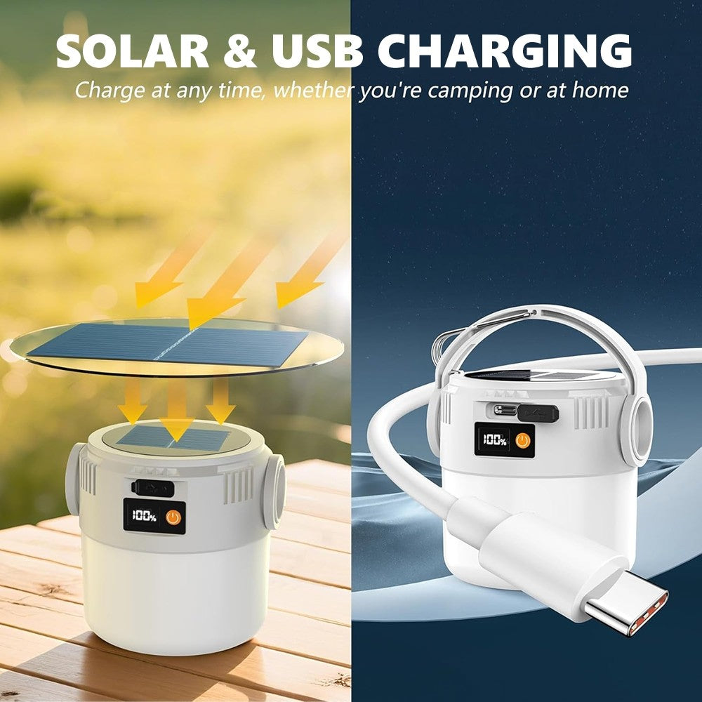 Portable Solar Rechargeable LED Camping Lantern with USB & Multiple Modes
