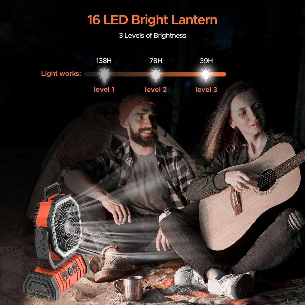 Portable Camping Fan with LED Light, 4 Speeds, 72H Battery, Oscillation