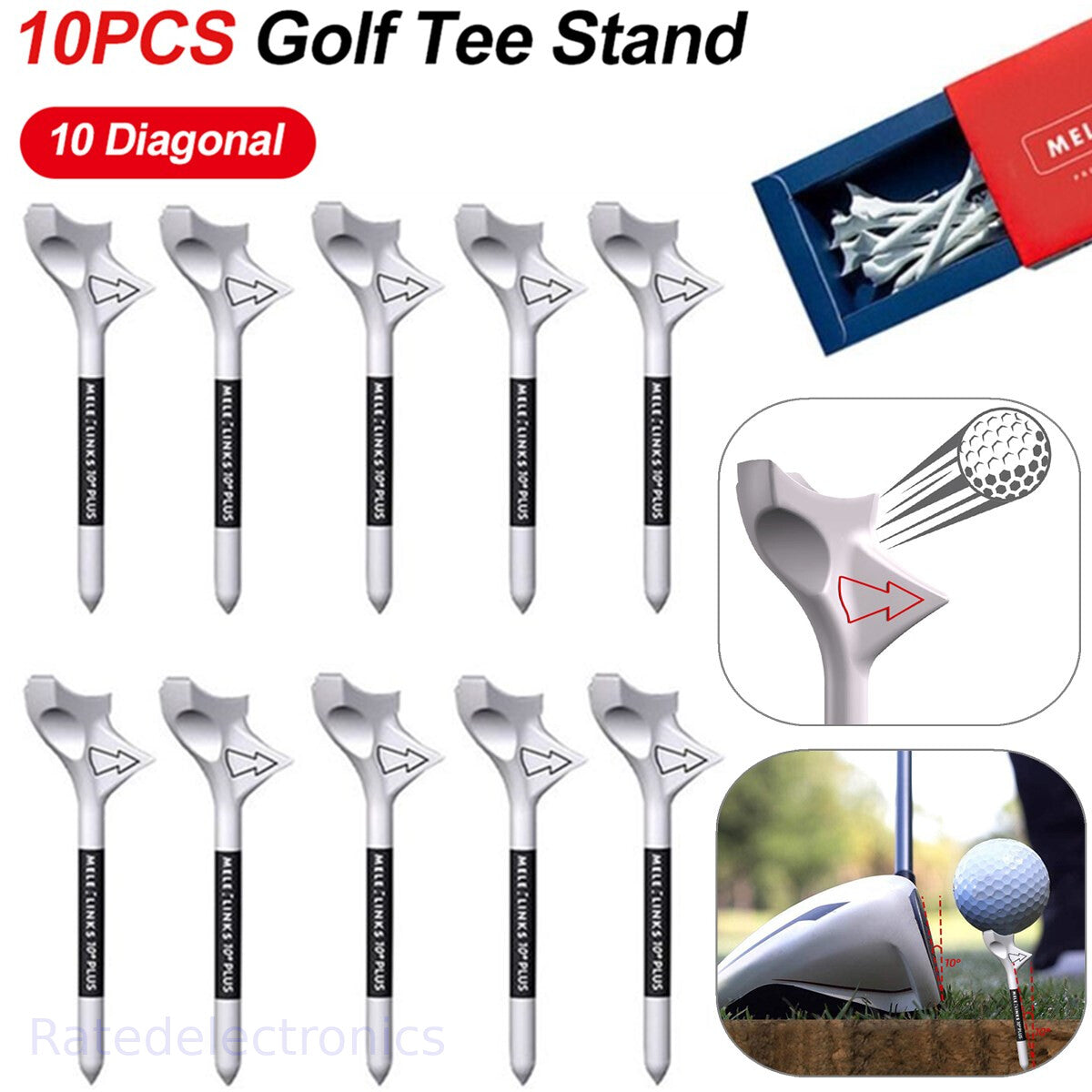 10-Pack Golf Tees 10° Oblique Diamond Shape Impact-Resistant Support Base