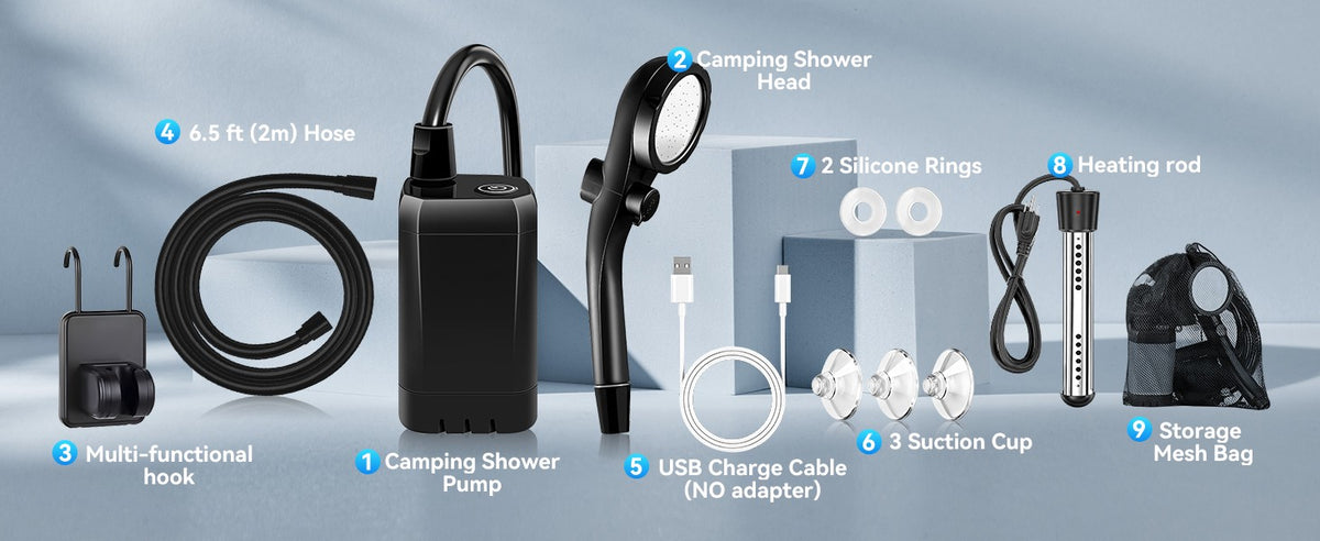 Portable Camping Shower with Water Heater and Rechargeable Pump - Outdoor Shower Set