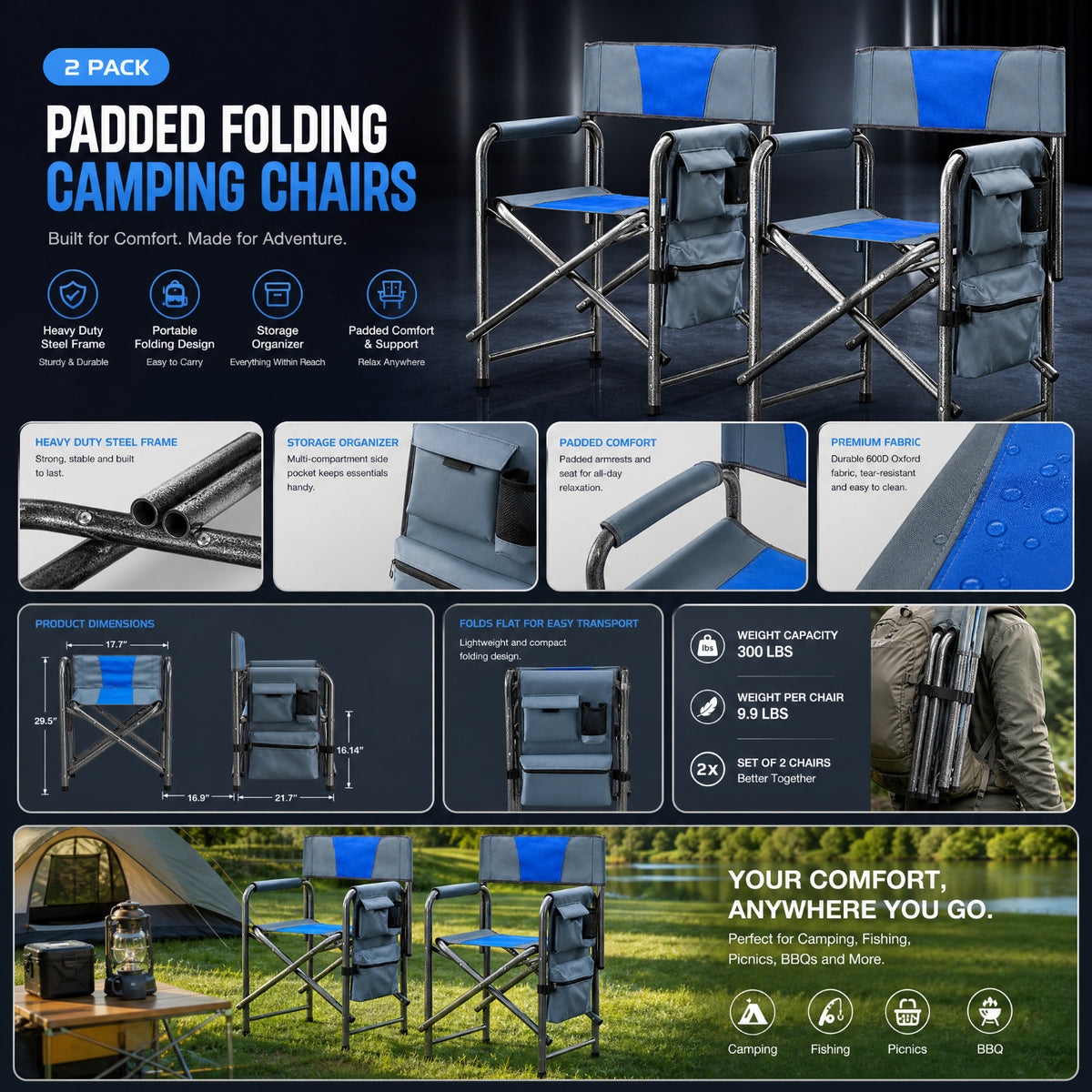 2 Pack Padded Folding Camping Chairs with Storage Pockets - Blue & Gray