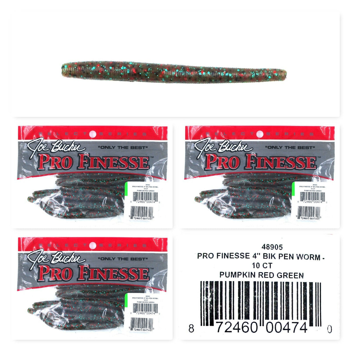 Joe Bucher Pro Finesse 4-inch BIK Pen Worms - Pumpkin Red & Green, 30 Pack