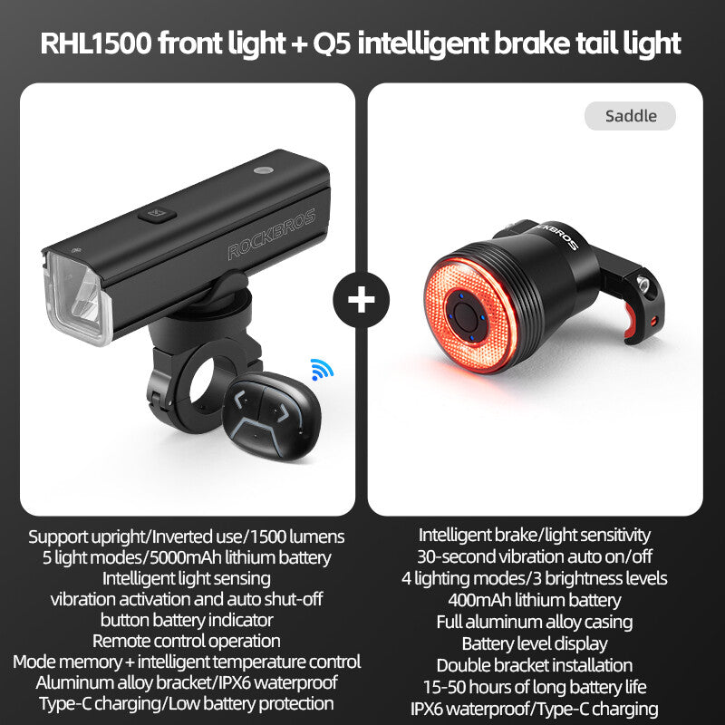 High Brightness Bike Front & Rear Light Set USB-C LED Headlight 1500LM