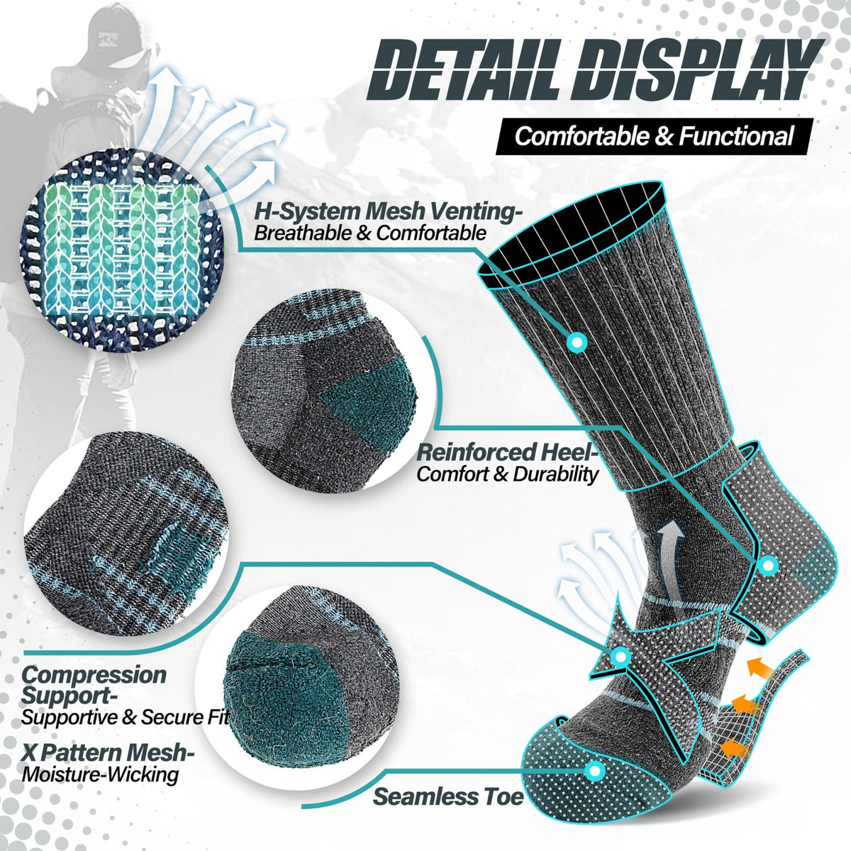 Merino Wool Hiking Socks - Large, Moisture-Wicking, Supportive, Multi-Color Set