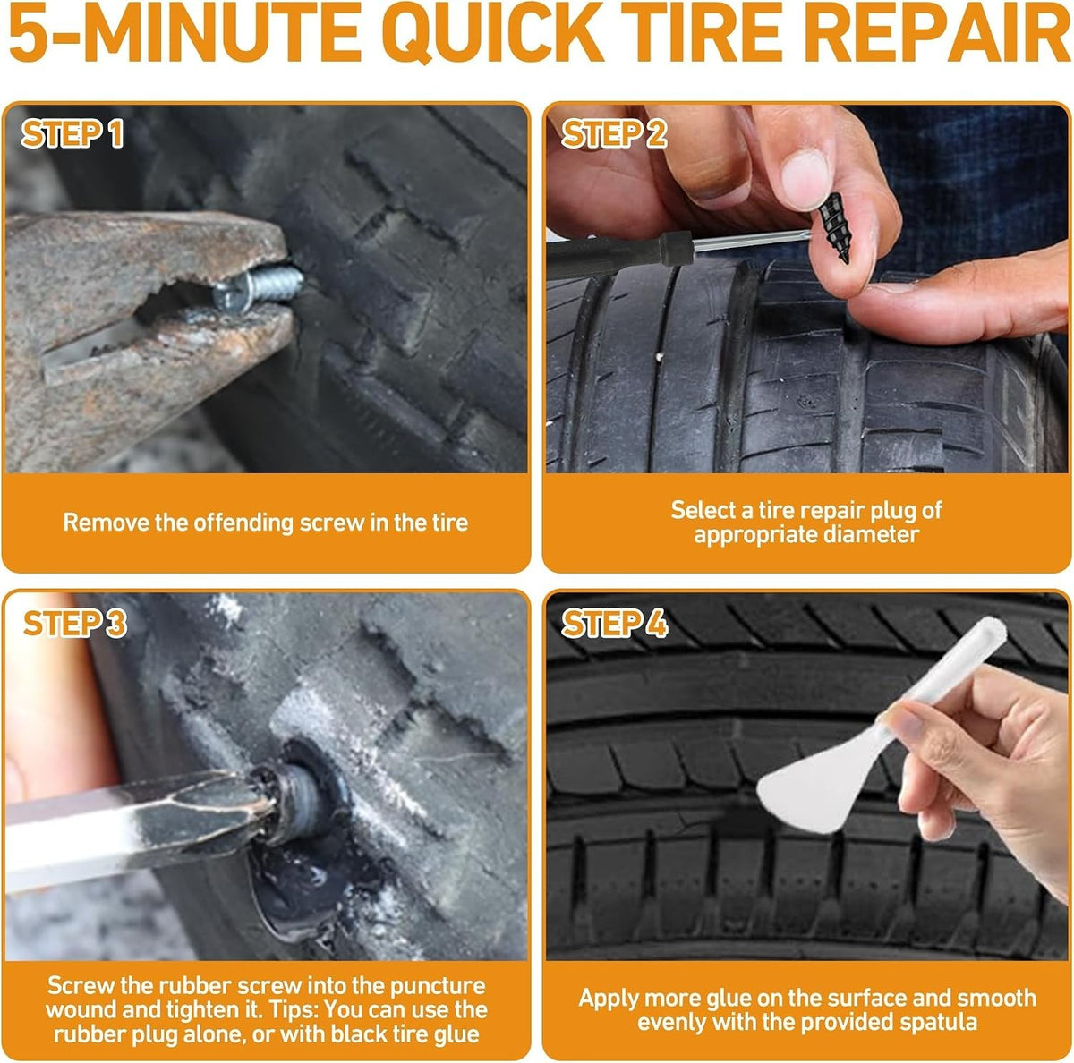 Tire Repair Kit with 40 Rubber Screws and Sealant Tubes for Tubeless Tires