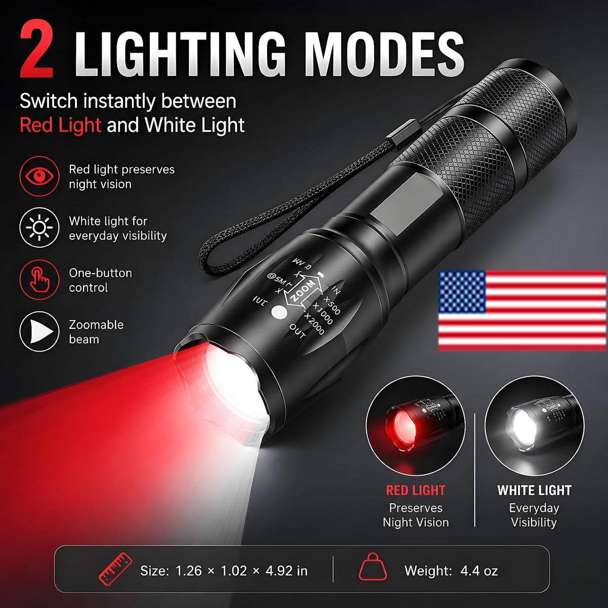 Rechargeable LED Flashlight 2-in-1 Red & White Portable Torch for Outdoor Use