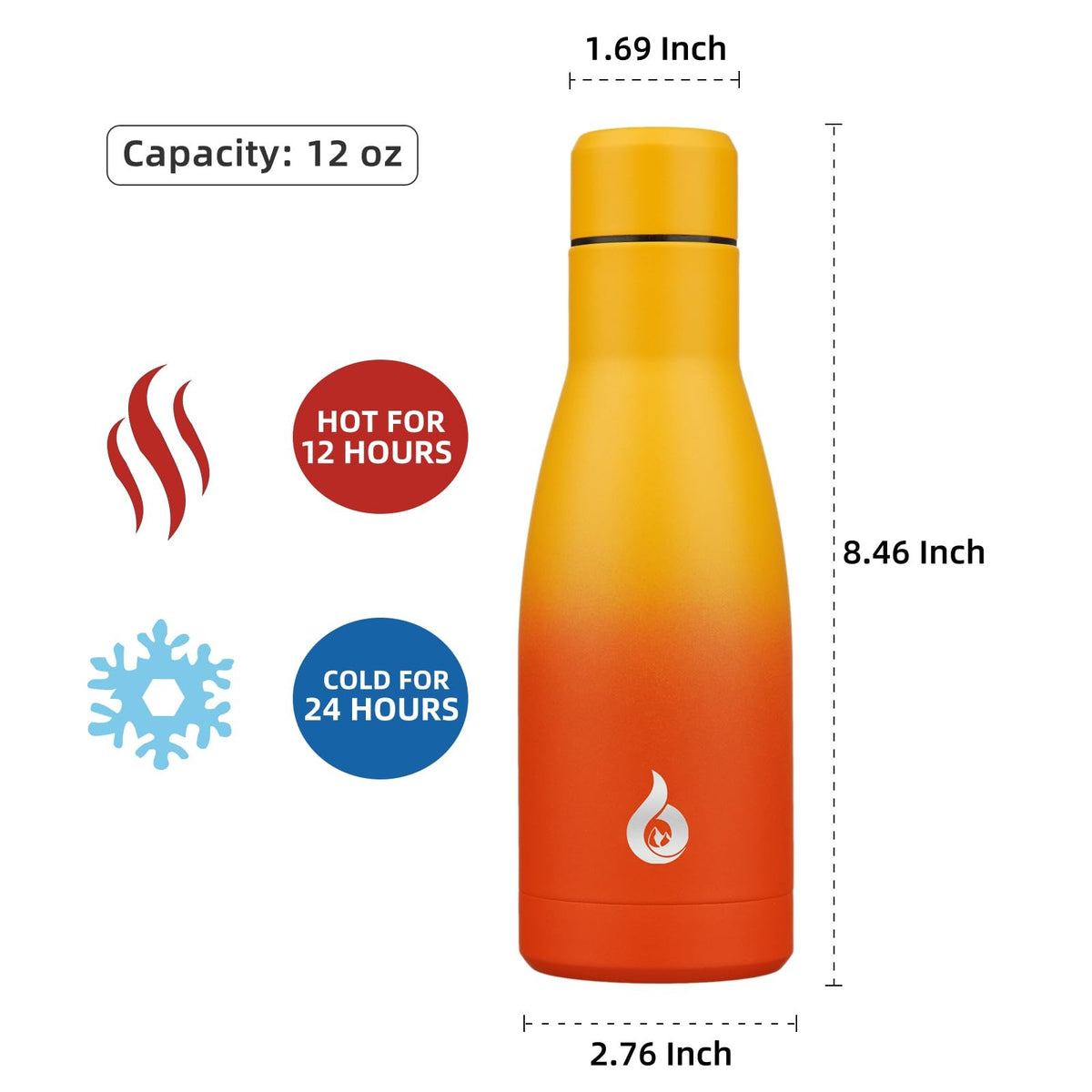 12oz Insulated Stainless Steel Water Bottle - Reusable Thermal Flask - Sunset Orange