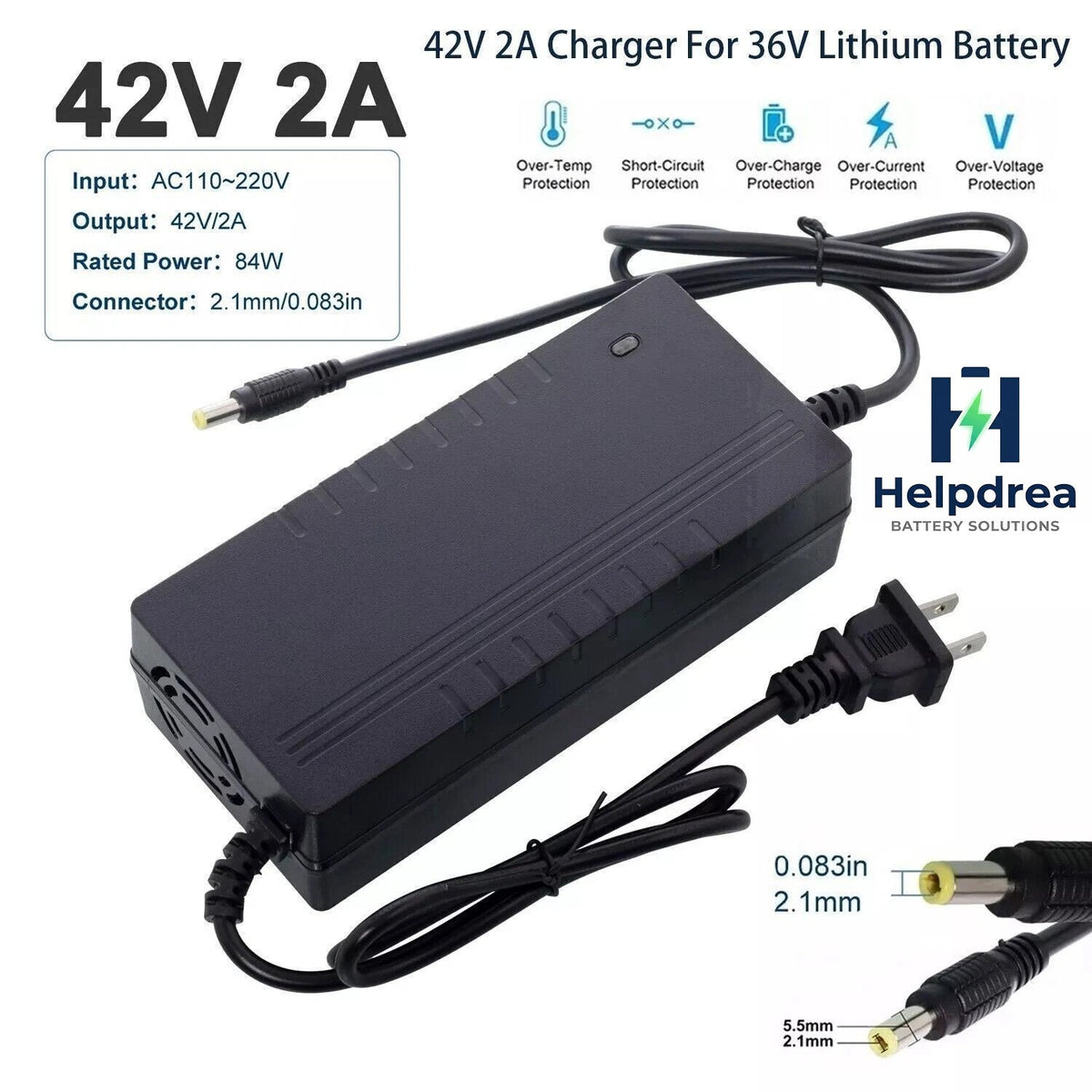 42V 2A Electric Bike Battery Charger UL Certified Fast Charging 5.5x2.1mm Plug